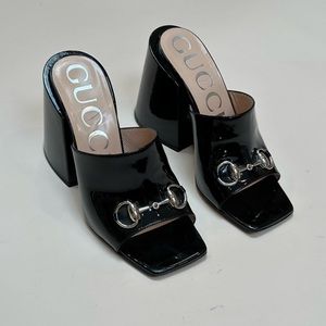 Gucci Black Patent Lexi Horsebit Accent Slide Sandals